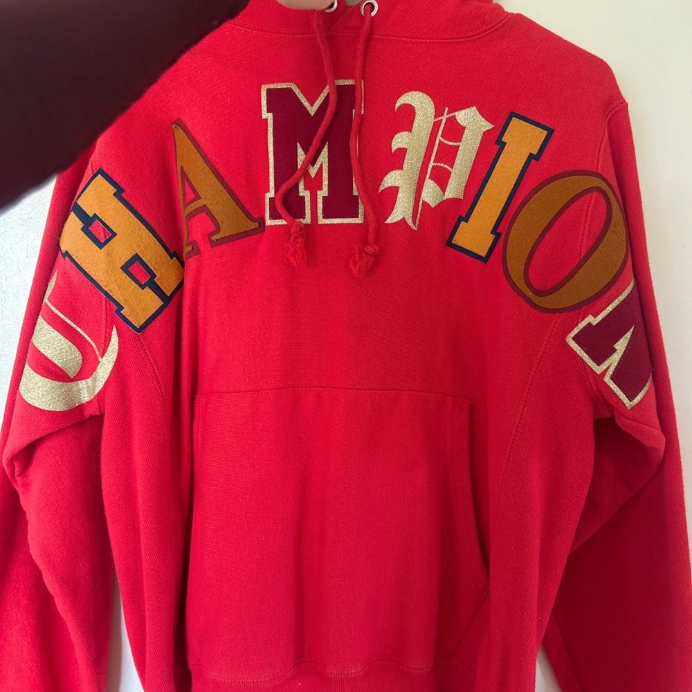 Champion Red Hoodie with Multicolor Lettering